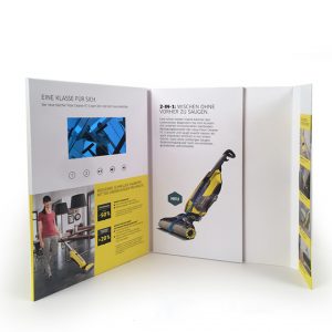 Vacuum cleaner promo video in folders video in print brochure for marketing